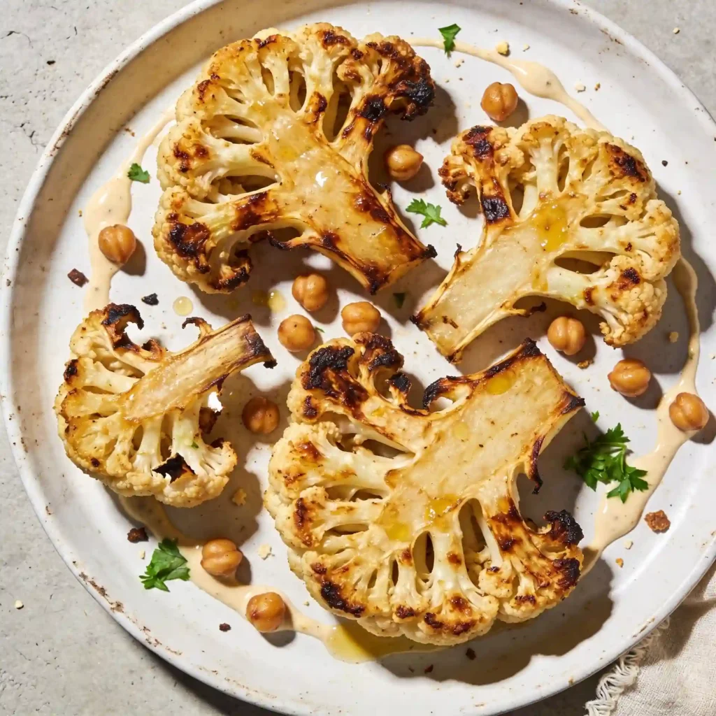 A stunning plate of Roasted Cauliflower Steaks showcasing the high-fiber legumes and caramelized edges.