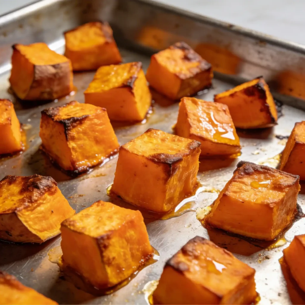 Golden roasted sweet potato cubes with caramelized edges on a baking sheet.