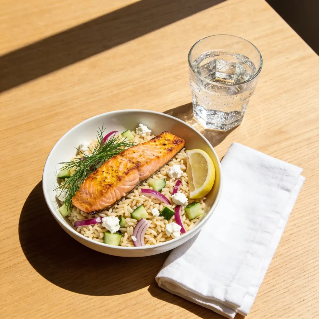 A professional high-angle view of a healthy salmon and orzo bowl on a sunlit table.