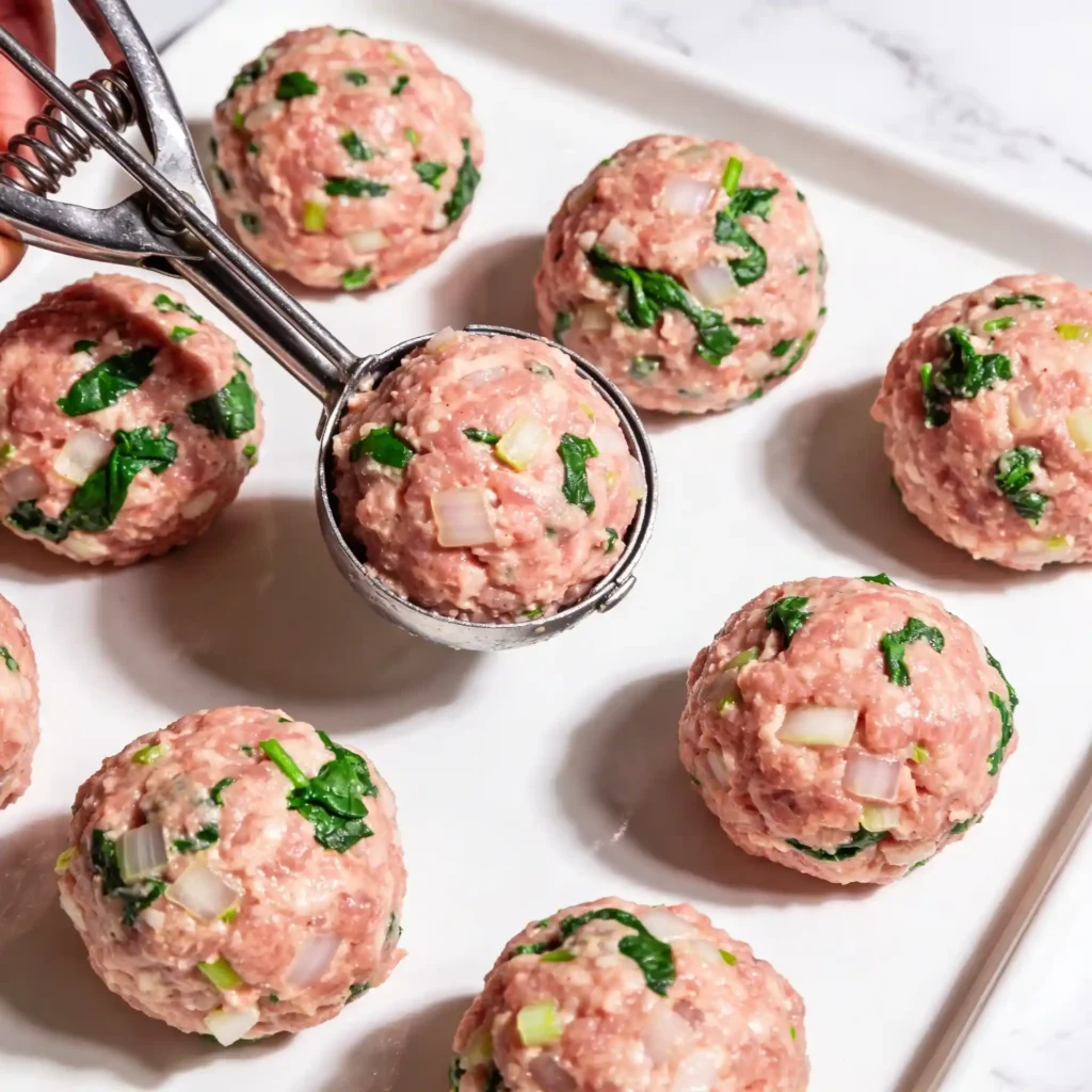 A cookie scoop shaping turkey meatballs with visible spinach and onion flecks.