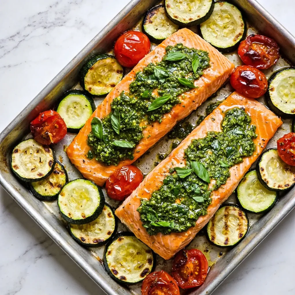 A sheet pan featuring pesto-topped salmon fillets with zucchini and tomatoes.