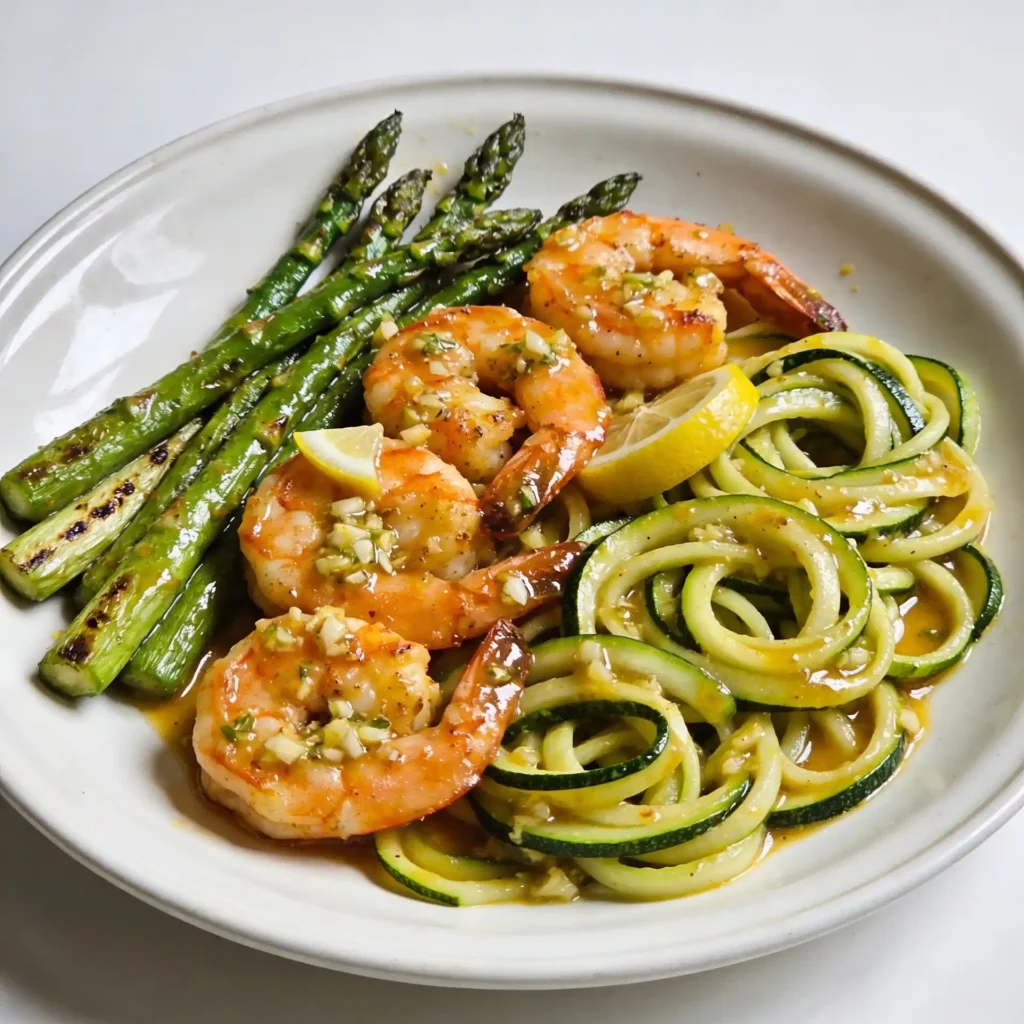 Zesty shrimp and asparagus served over a bed of zucchini noodles.