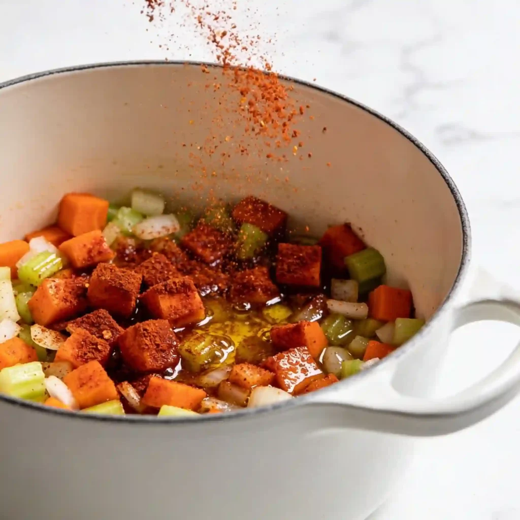 Blooming vibrant red spices in a Dutch oven to create the base for a smoked paprika split pea stew.