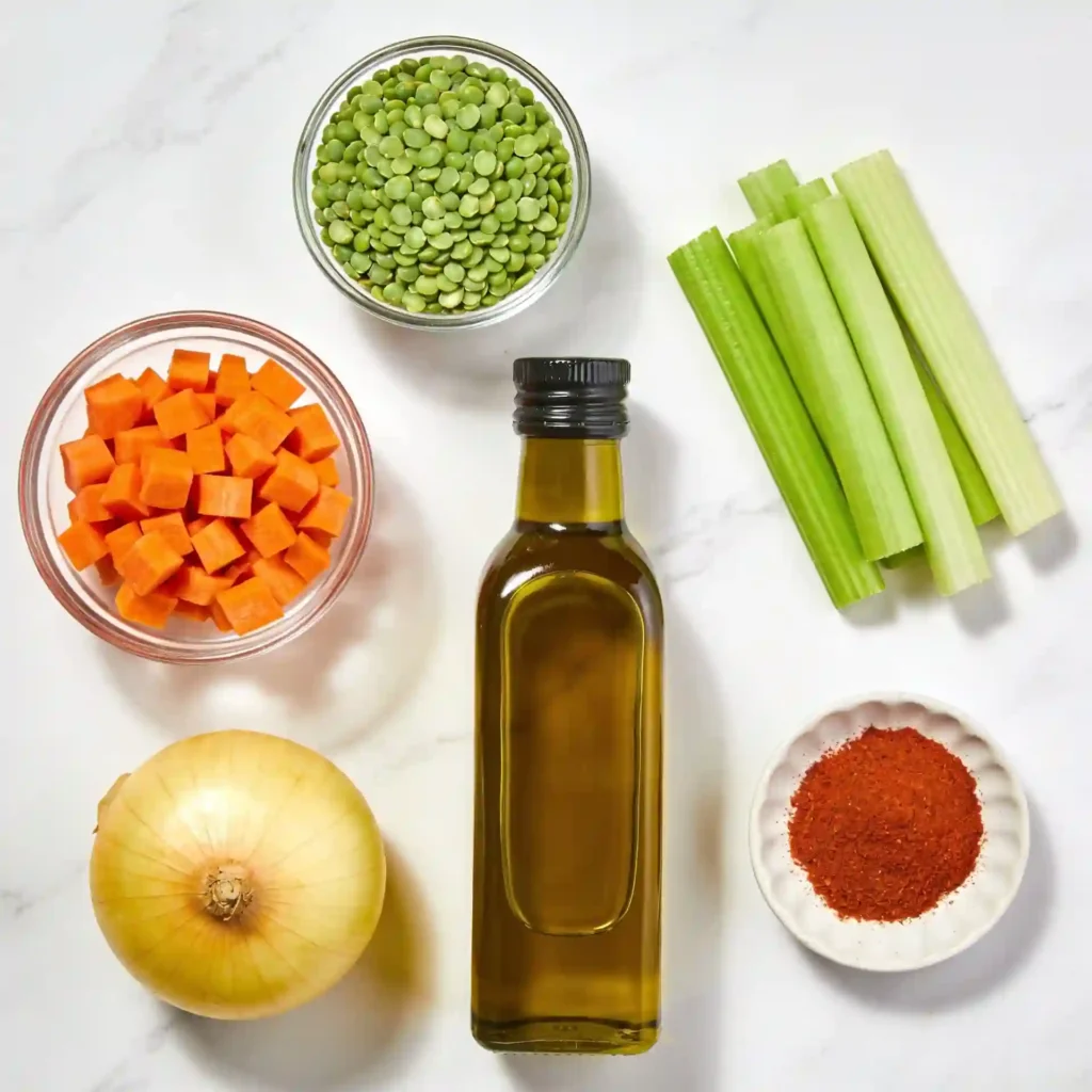 Fresh, colorful ingredients for making a healthy split pea soup without ham including dried legumes and smoked paprika.