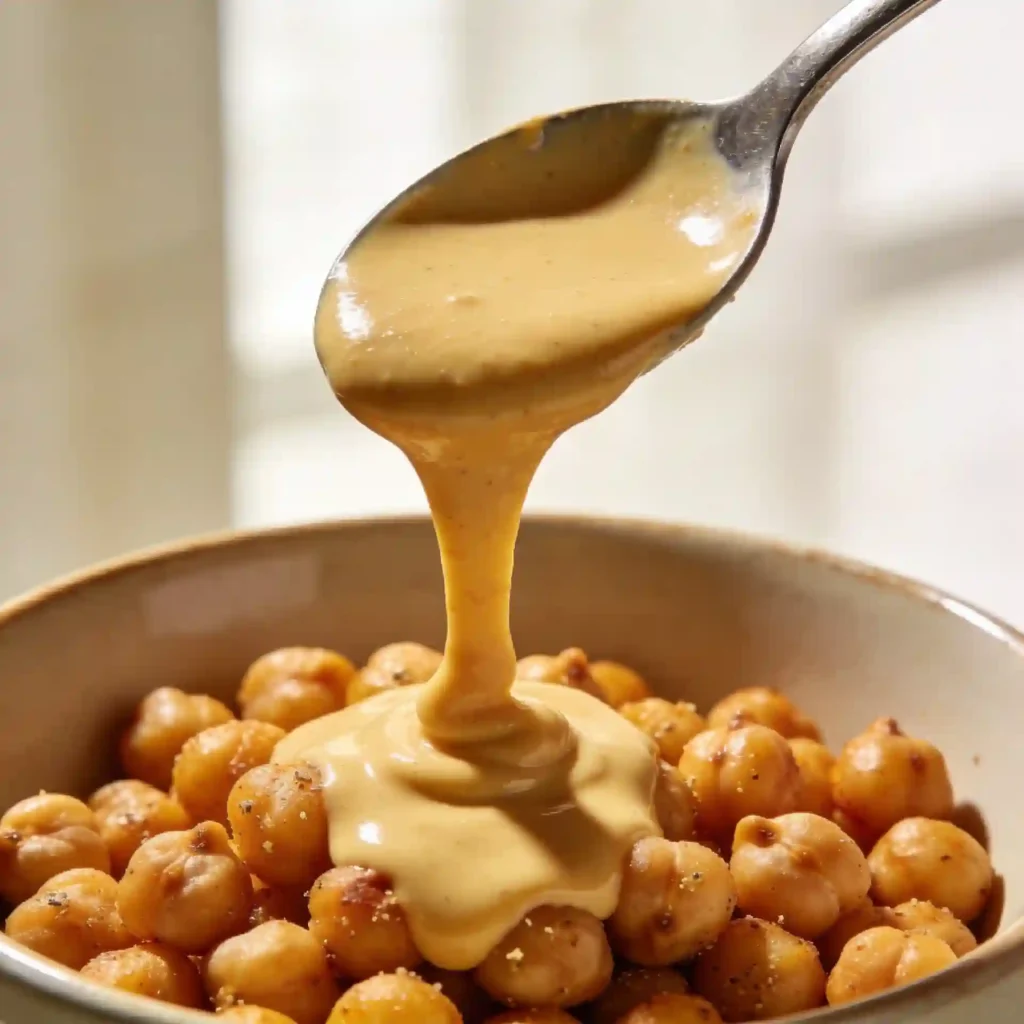 Drizzling a silky, creamy lemon tahini sauce for cauliflower over roasted chickpeas.