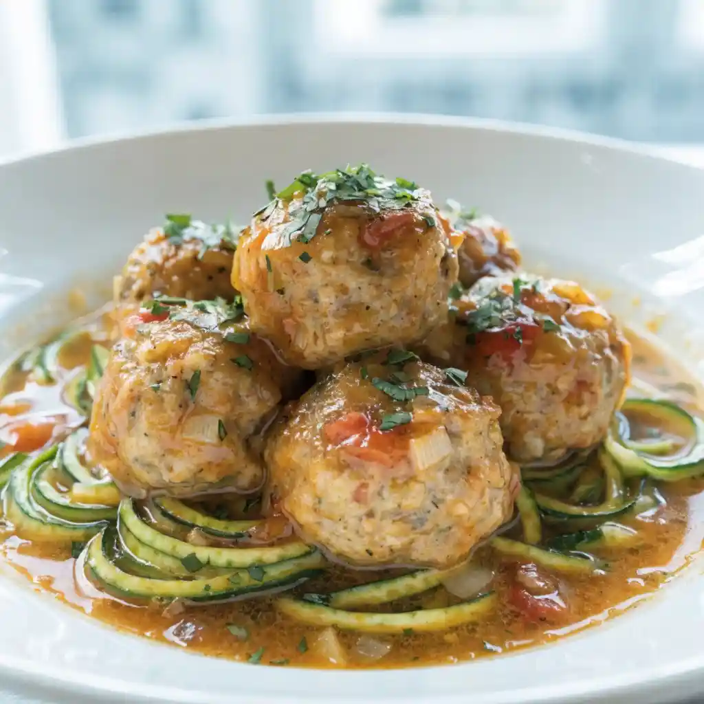 Golden broth turkey meatballs served over a bed of zucchini noodles.