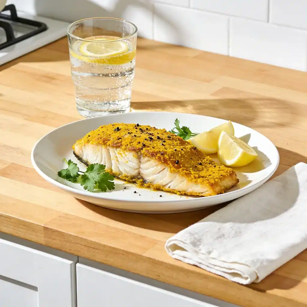 A professional high-angle view of healthy pan seared cod on a sunlit dinner table.