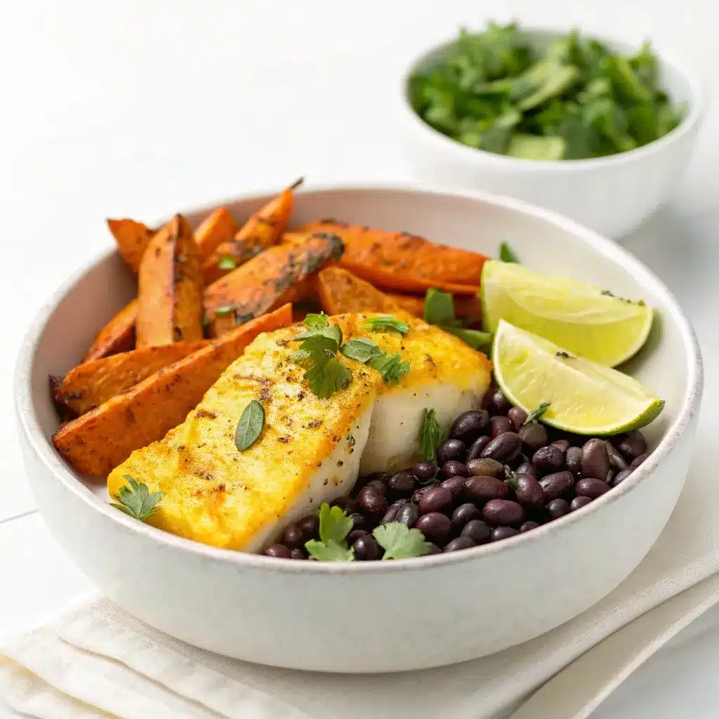 Golden turmeric cod served with roasted sweet potatoes and black beans in a bowl.