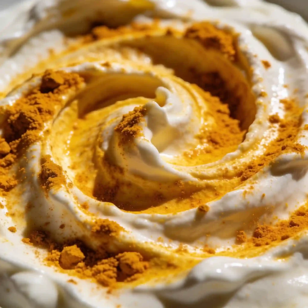 Close-up of a whisk blending golden curry and turmeric spices into white Greek yogurt in a glass bowl.