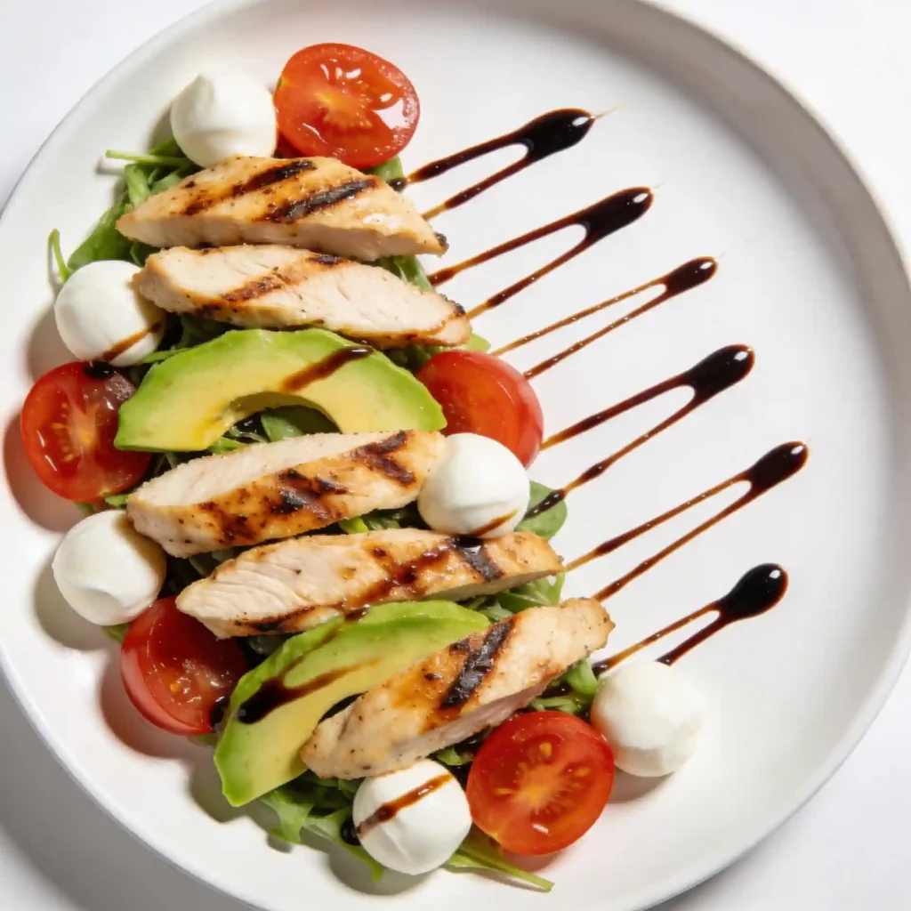 A professionally plated serving of chicken avocado caprese salad on an off-white ceramic plate in a bright studio setting.