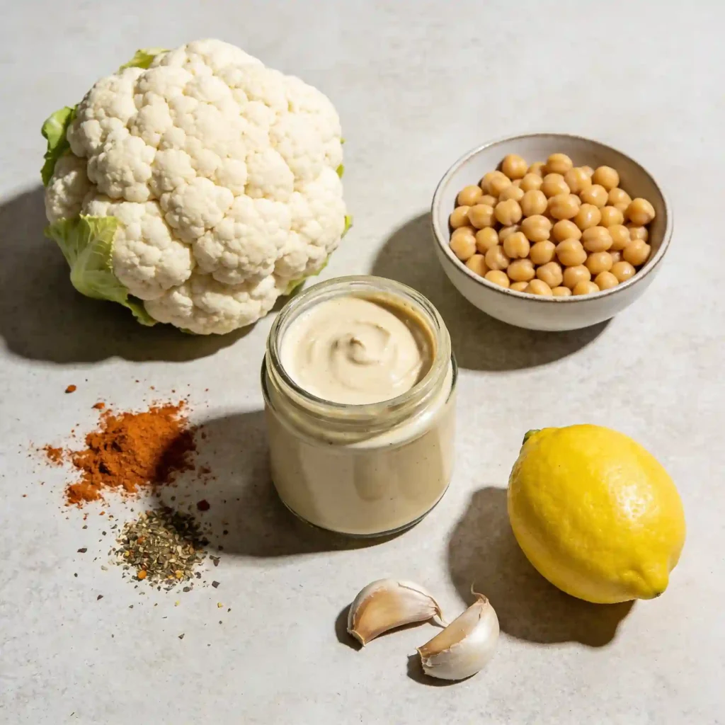 Fresh, whole-food ingredients for making healthy vegan cauliflower steaks including chickpeas, tahini, and spices.