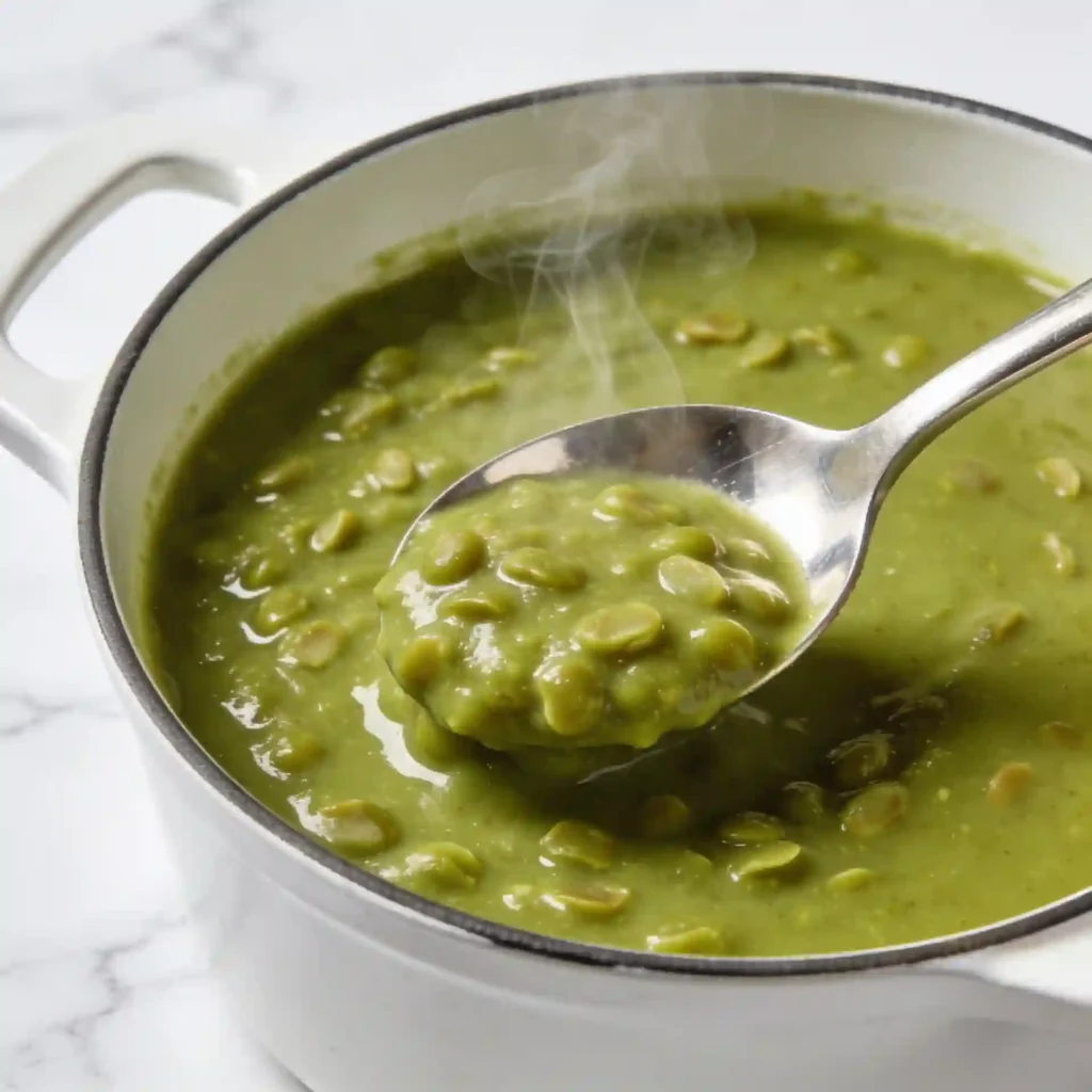 A sleek silver ladle lifting a thick, creamy scoop of a simmering vegan split pea soup recipe.
