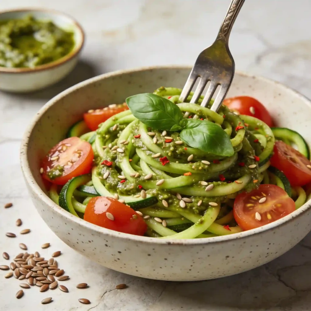 A speckled ceramic bowl filled with vibrant Vegan Zucchini Noodles Pesto, garnished with cherry tomatoes and fresh basil.
