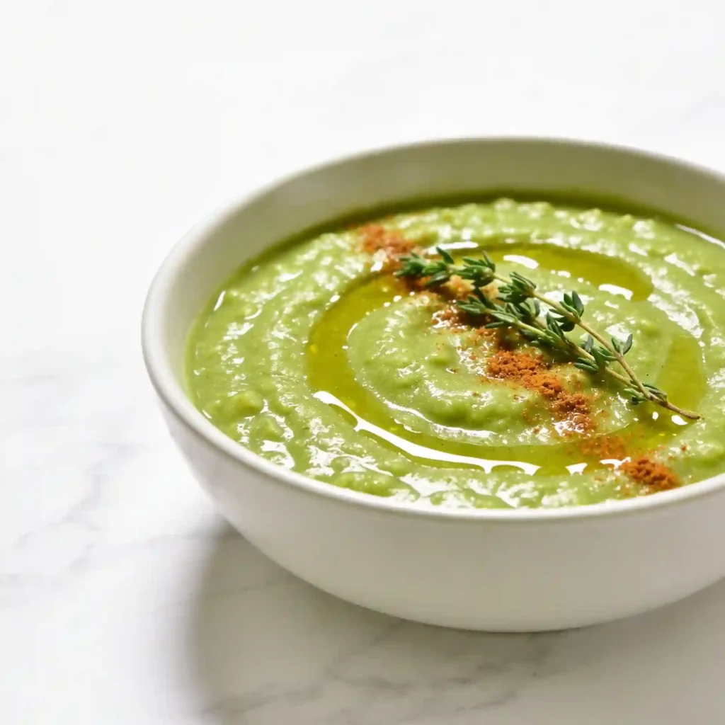 A white bowl featuring a comforting, thick Vegetarian Split Pea Soup garnished with smoked paprika and olive oil.