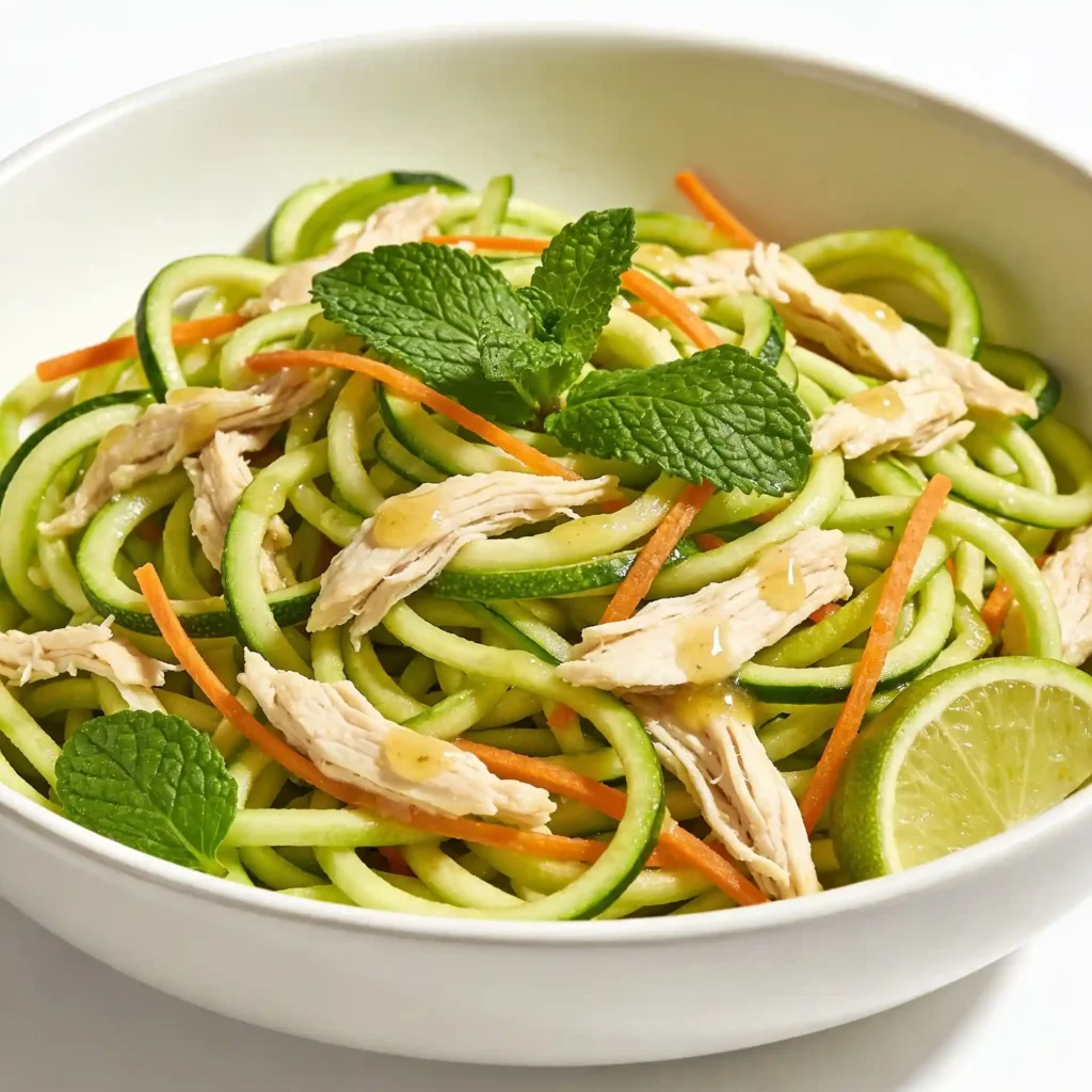 A refreshing zucchini noodle salad with shredded chicken and Asian herbs.