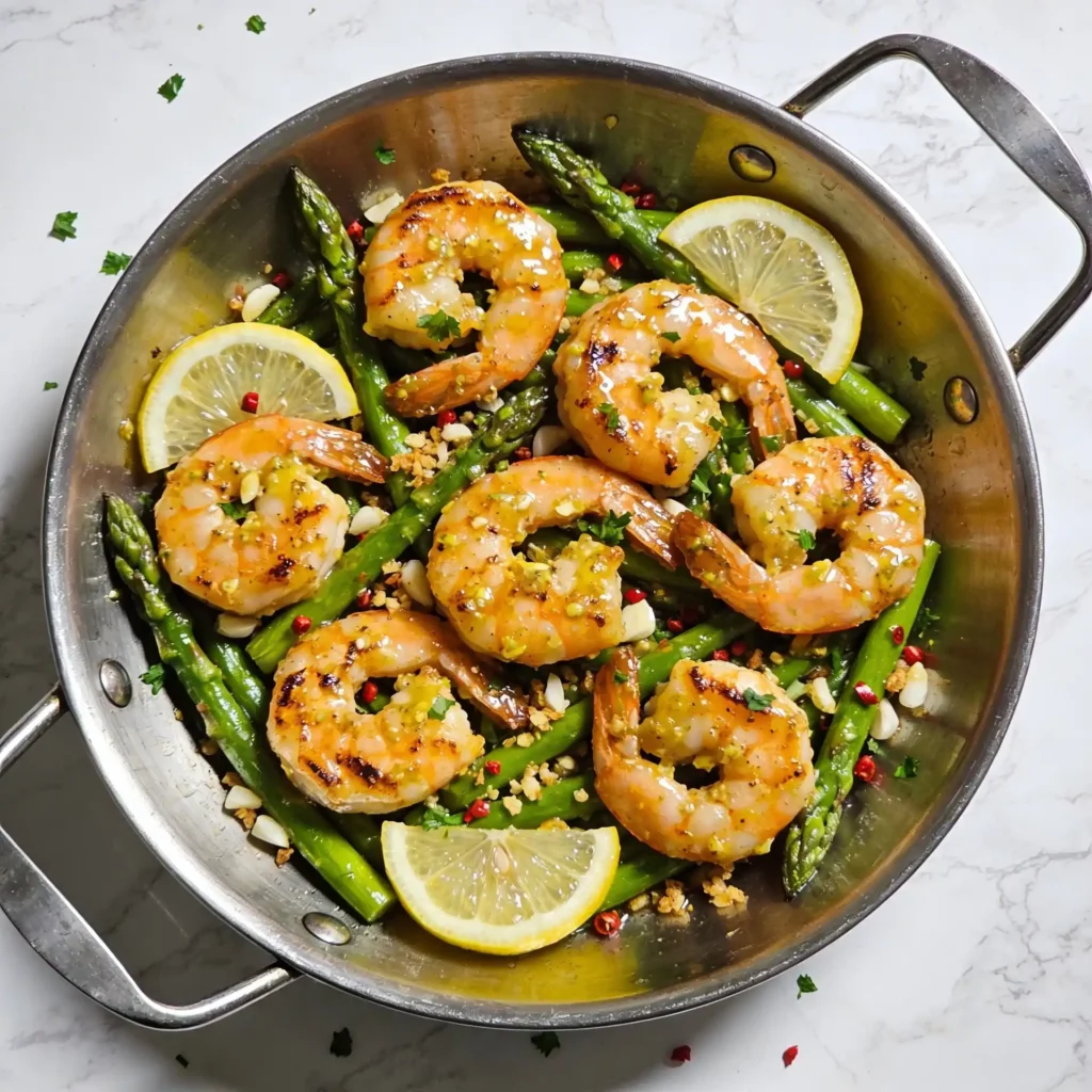 A 15-minute zesty shrimp and asparagus skillet garnished with lemon and garlic.