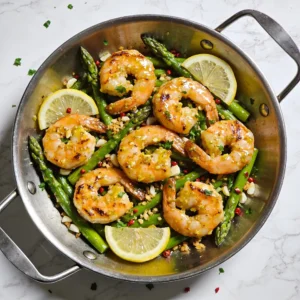 A 15-minute zesty shrimp and asparagus skillet garnished with lemon and garlic.