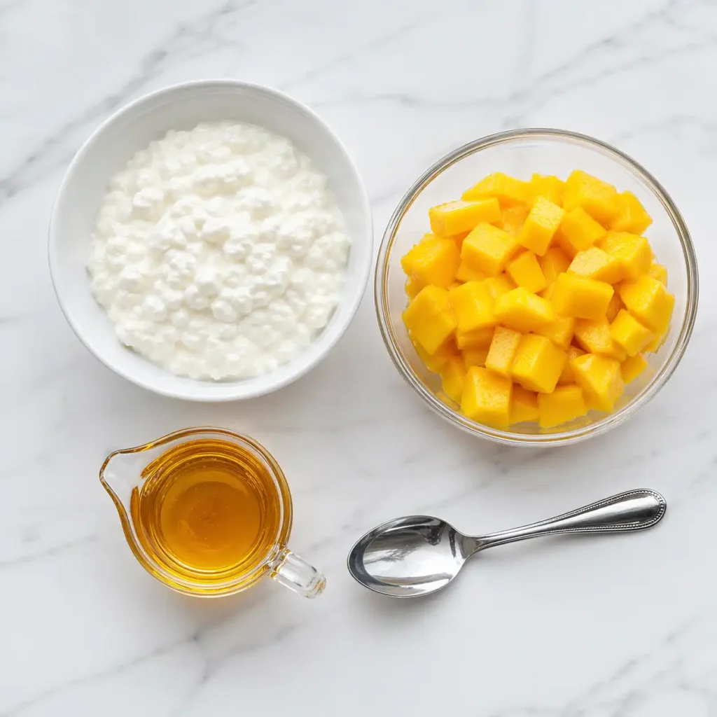 A bowl of thick cottage cheese, fresh diced yellow mango, and a glass of honey arranged neatly on a white marble surface.