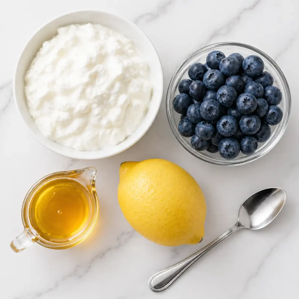 A bowl of thick cottage cheese, fresh blueberries, a lemon, and a glass of honey arranged neatly on a white marble surface.