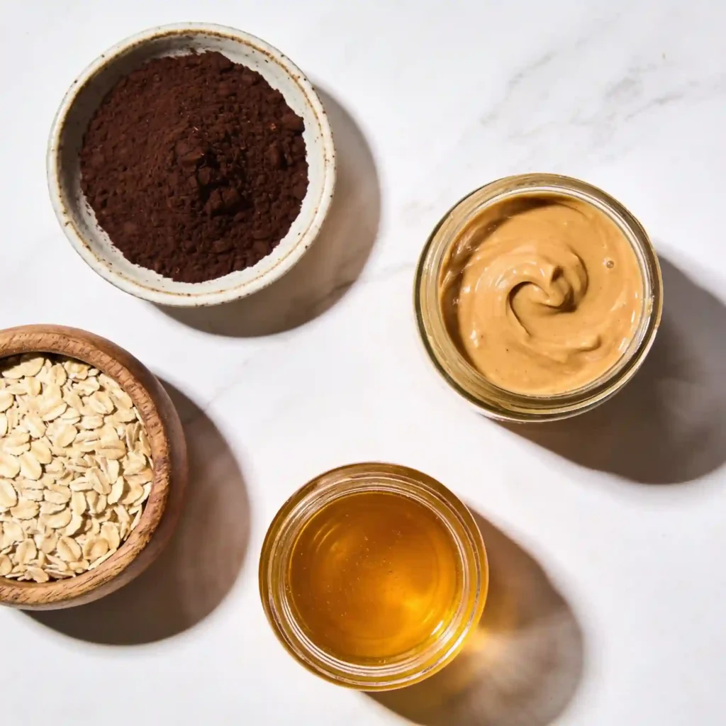 Fresh, simple ingredients laid out for making quick 4 ingredient peanut butter bites.
