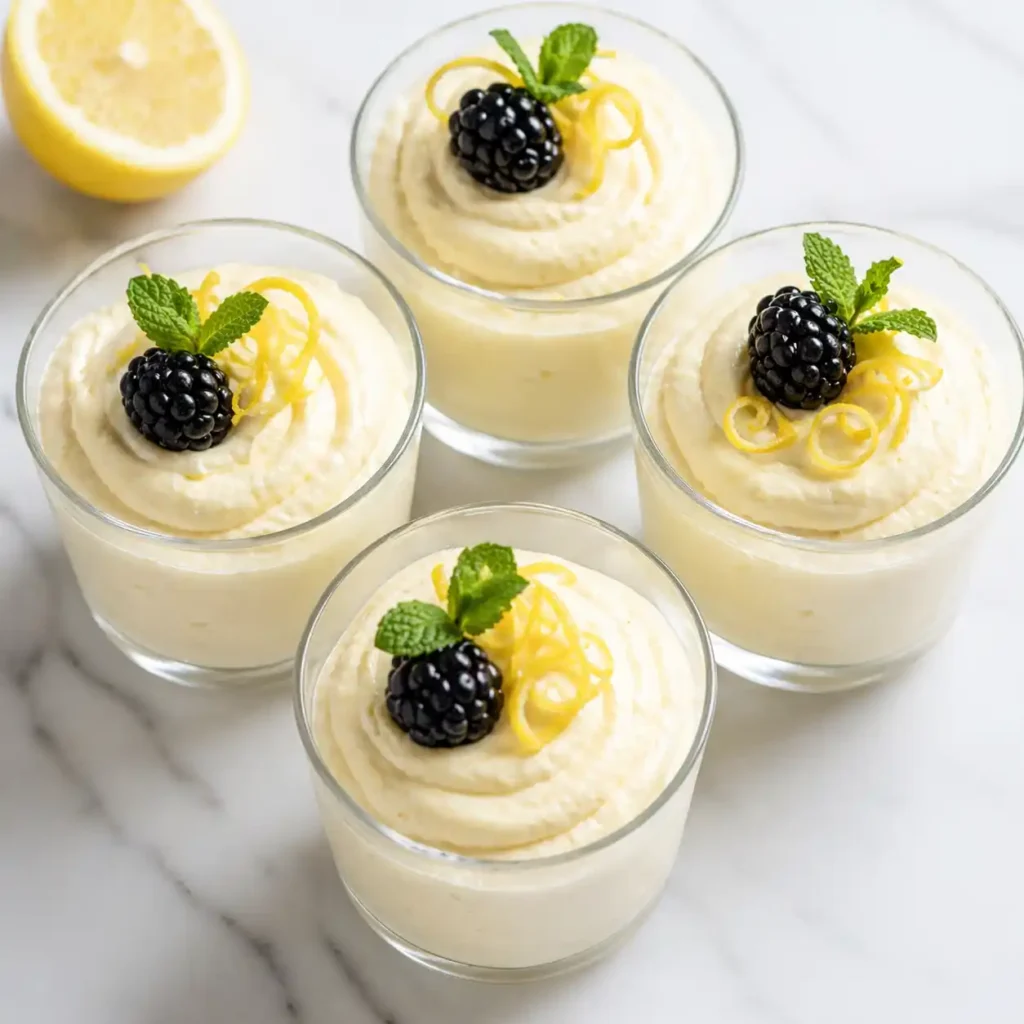 Four small glass tumblers filled with creamy swirled lemon cottage cheese mousse topped with fresh lemon zest and berries.