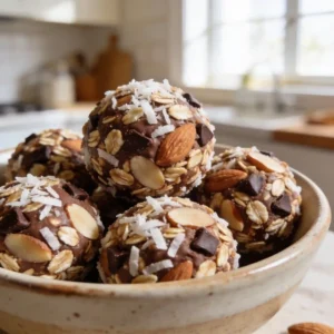 A bowl of no bake Almond Joy protein bites with coconut and chocolate chips.