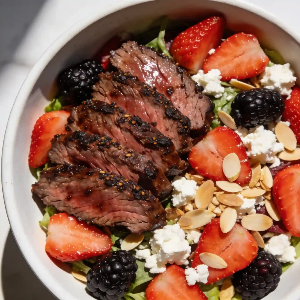 Close-up of medium-rare flank steak paired with antioxidant-rich berries in an anti-inflammatory salad.