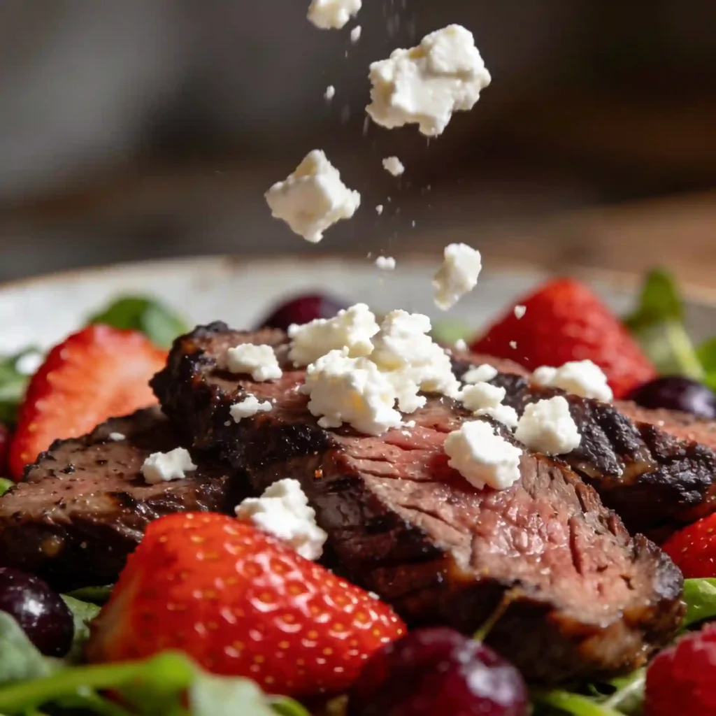 Crumbling gut-friendly goat cheese over a delicious anti-inflammatory steak salad.