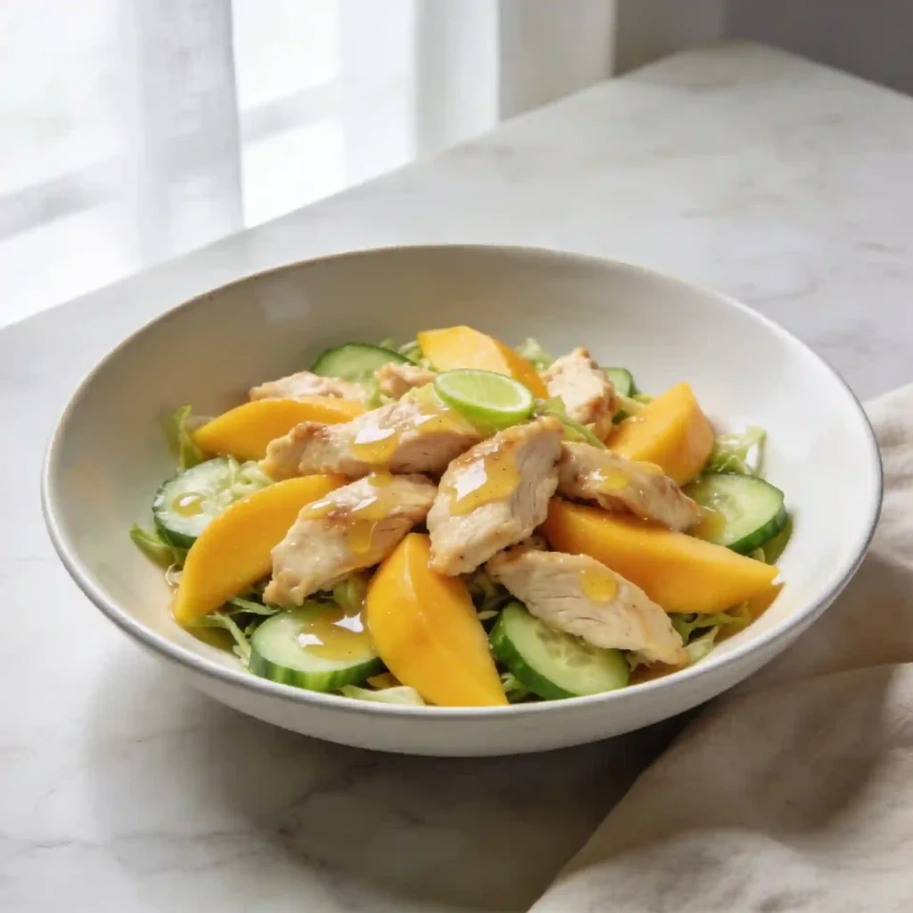A textured ceramic bowl filled with vibrant Poached Ginger and Mango Chicken salad.