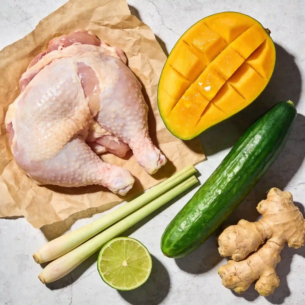 Raw chicken breasts, fresh ginger, mango, and cucumber laid out for anti inflammatory chicken recipes.