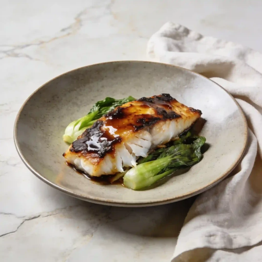 A beautiful matte plate featuring Miso Glazed Cod highlighting the use of sweet probiotic white miso paste.