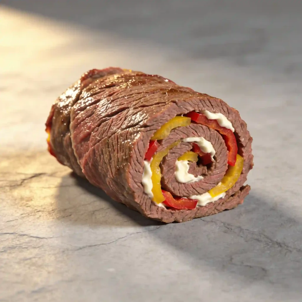 A tightly rolled roast beef and pepper log demonstrating easy anti inflammatory snack recipes.