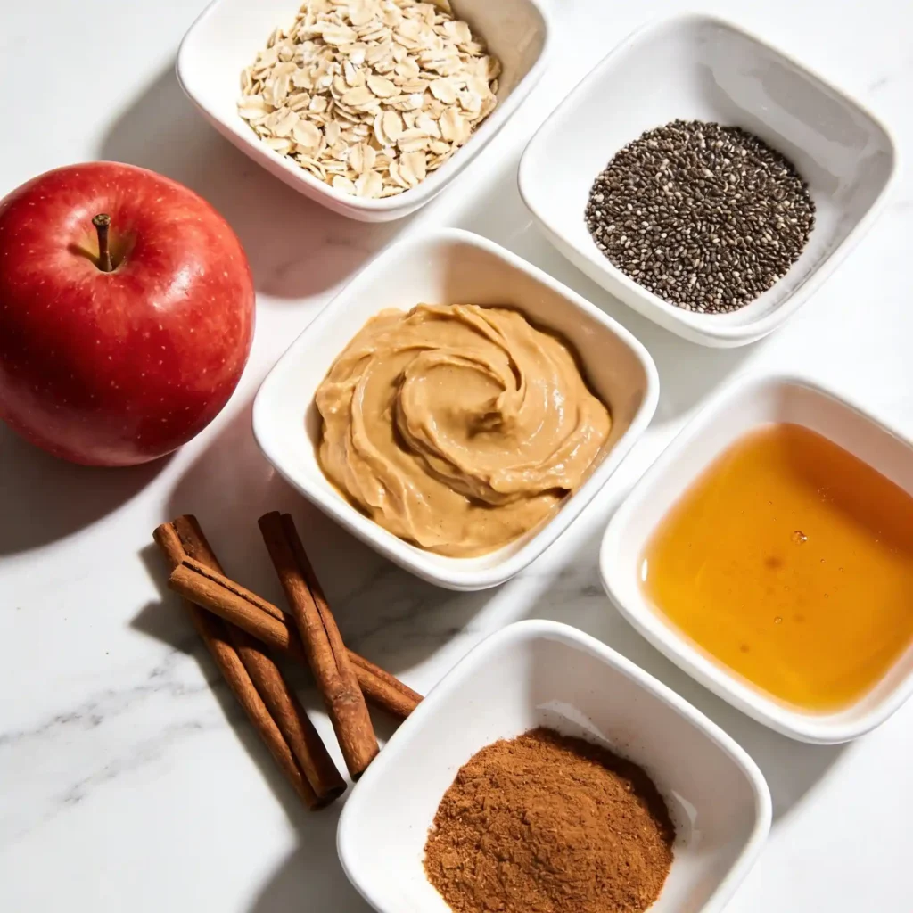 Small modern white bowls filled with rolled oats, almond butter, cinnamon, and maple syrup on a marble counter next to a fresh apple.