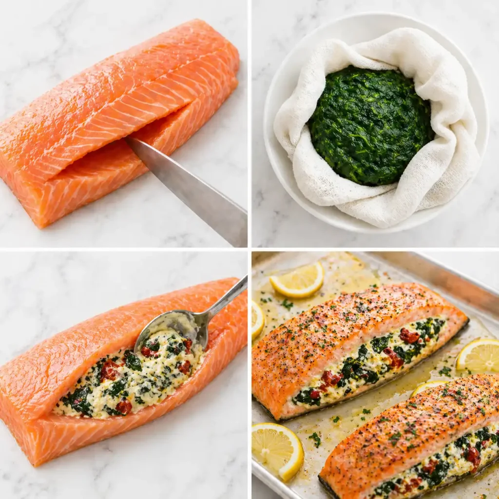 A 4-panel collage showing the cutting, mixing, stuffing, and baking steps for stuffed salmon.