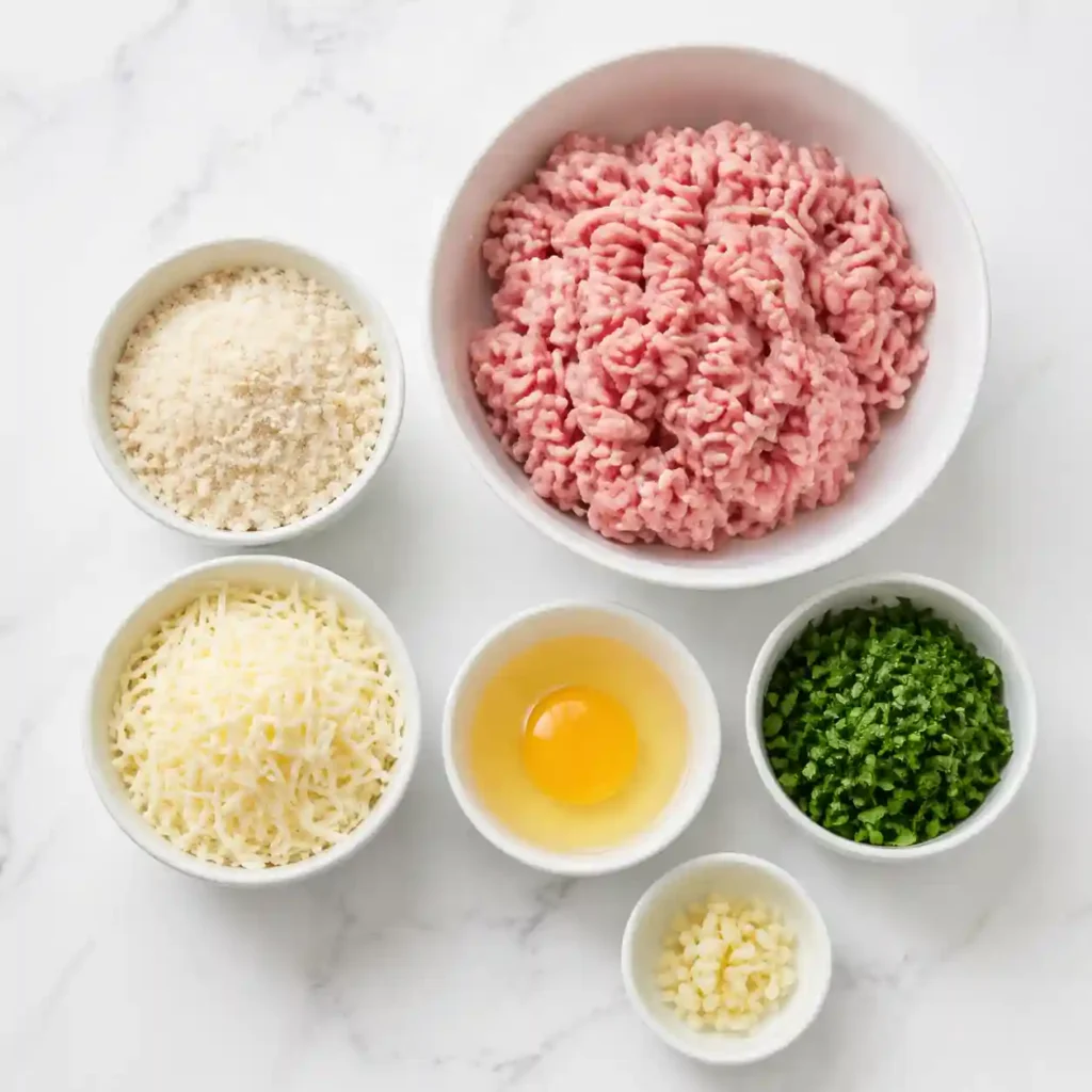 Fresh ingredients neatly arranged in small white bowls to make baked turkey meatballs meal prep.