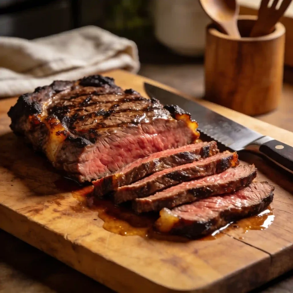 Slicing rested flank steak against the grain to ensure tender meat for your salad.