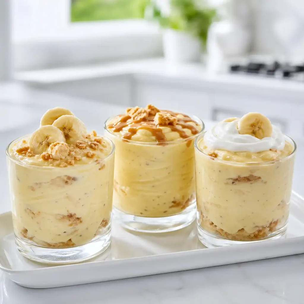 Three glass tumblers of pale yellow cottage cheese banana pudding, each featuring different healthy toppings like peanut butter, wafers, and yogurt on a white tray.