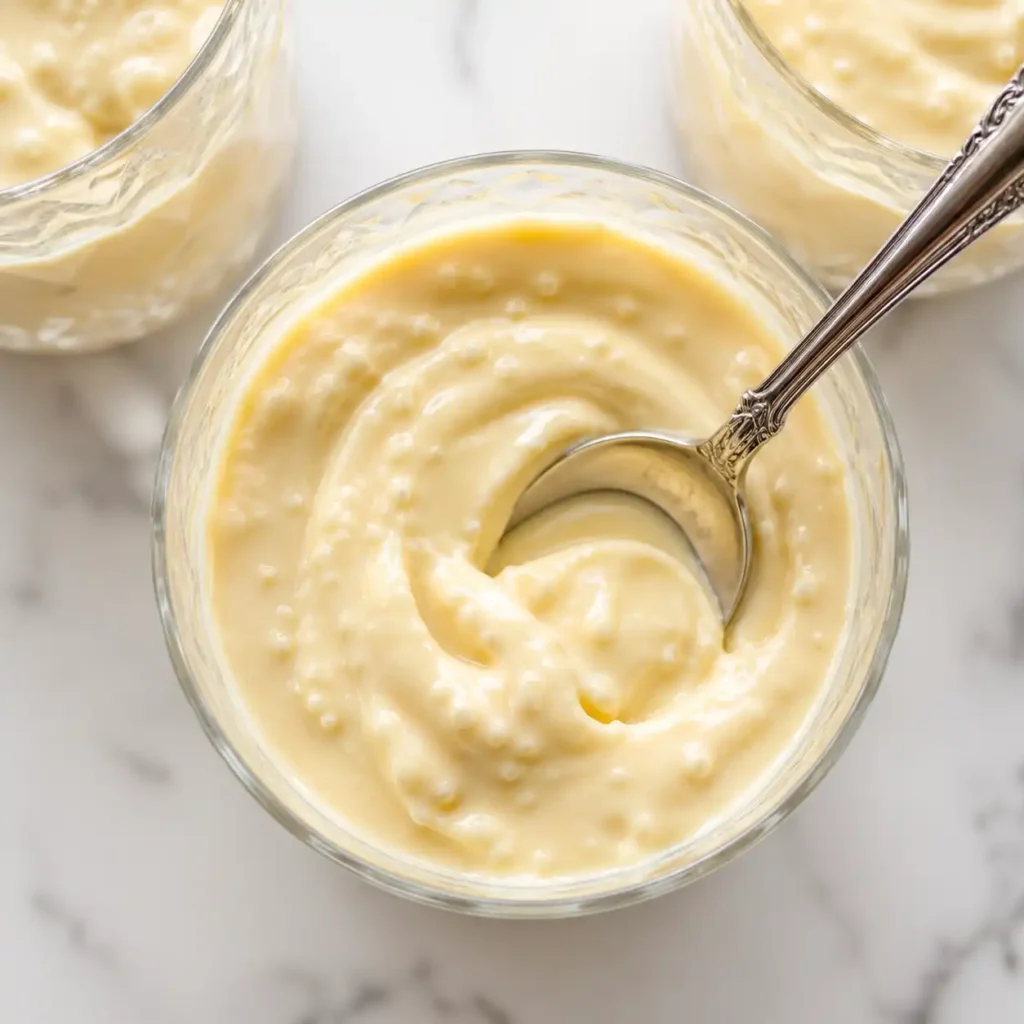A close-up macro shot of a silver spoon scooping thick, perfectly smooth swirled pale yellow cottage cheese banana pudding from a glass tumbler.
