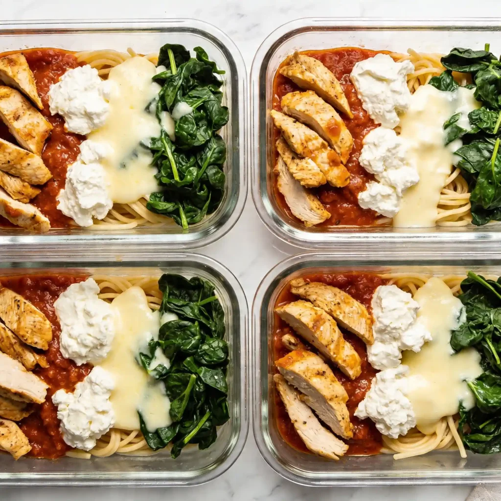 Four glass meal prep containers filled with cottage cheese chicken parm bowls ready for the week.