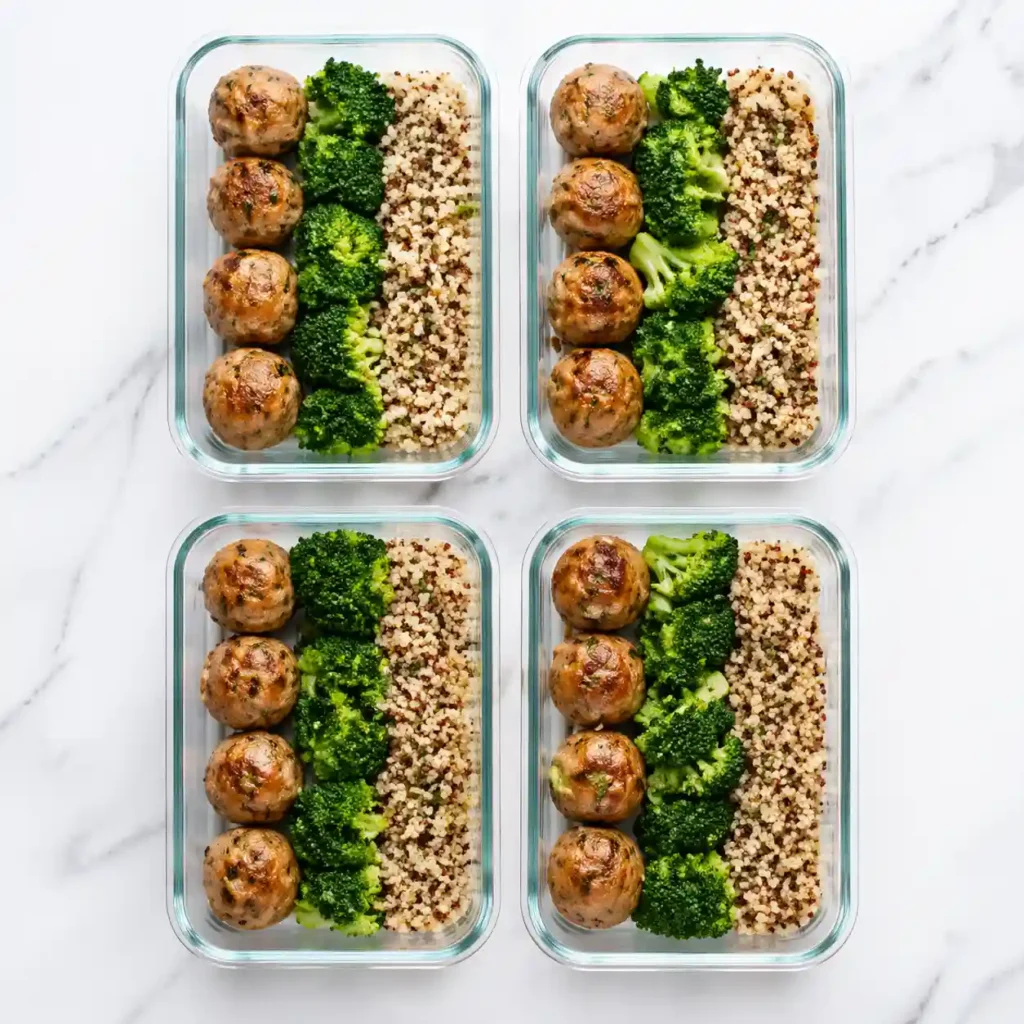 Four glass meal prep containers arranged in a grid, filled with freezer-friendly turkey meatballs.
