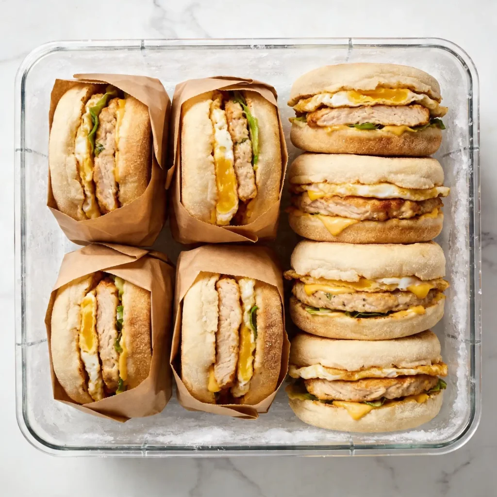 A glass meal prep container filled with high protein freezer breakfast sandwiches on a marble counter.