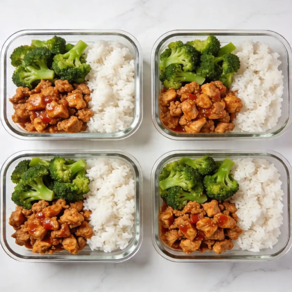 Four glass meal prep containers arranged in a grid, filled with high protein ground chicken bowls.