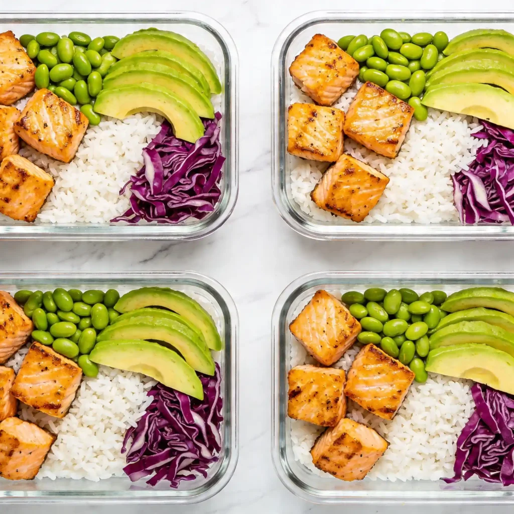 Four glass meal prep containers filled with high protein salmon rice bowls ready for the week.