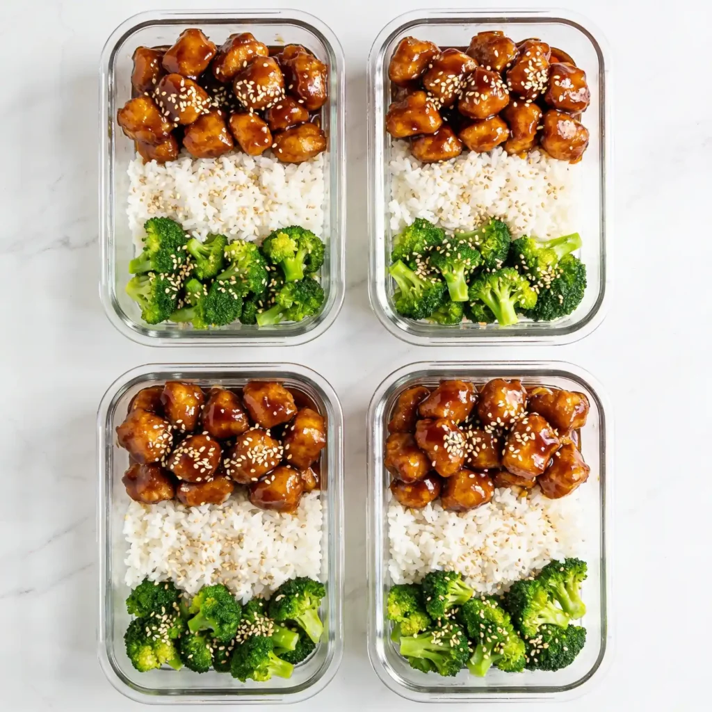 Four glass meal prep containers filled with healthy honey garlic chicken and broccoli.
