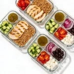 Four glass meal prep containers filled with meal prep Greek chicken bowls ready for the week.