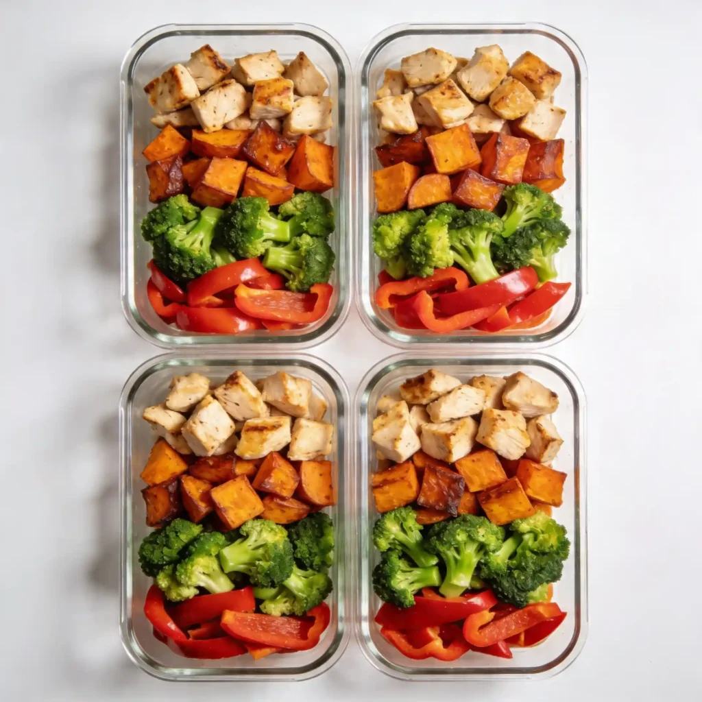 Four glass meal prep containers arranged in a grid, filled with sheet pan chicken meal prep.
