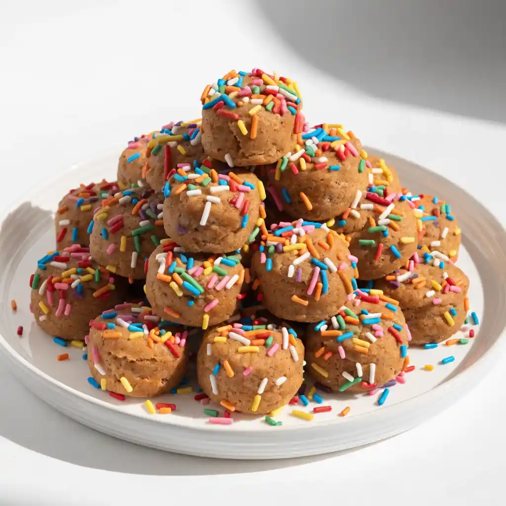 Birthday cake protein bites resting neatly on a large, sleek white ceramic platter.