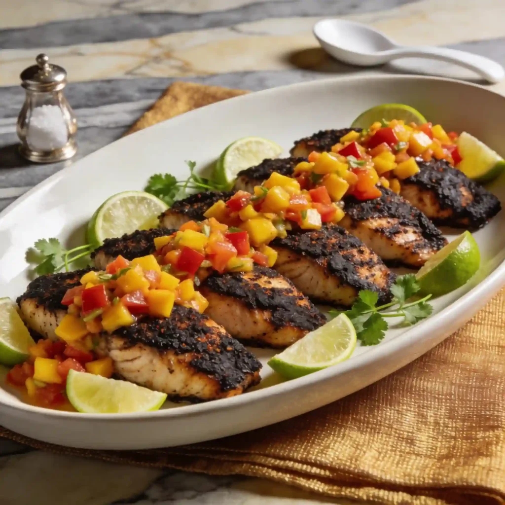 A gorgeous, fully plated oval serving dish of Blackened Mahi Mahi topped with Mango Salsa and surrounded by lime wedges.