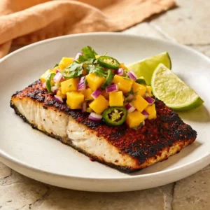 A matte ceramic plate featuring dark-crusted Blackened Mahi Mahi topped with fresh, chunky mango salsa and lime wedges.