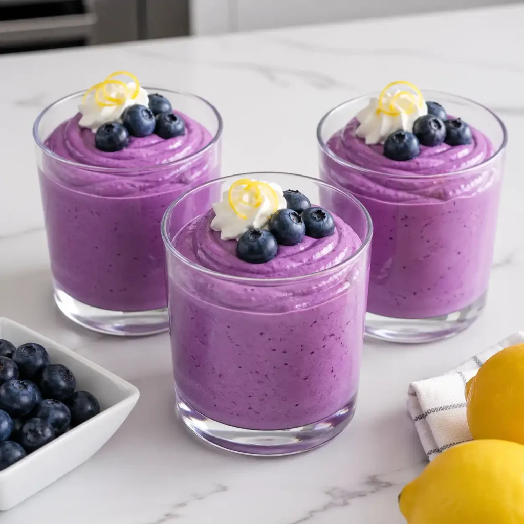 Three elegant glass tumblers filled with creamy purple blueberry cottage cheese mousse, garnished with fresh blueberries and lemon zest on a white quartz counter.